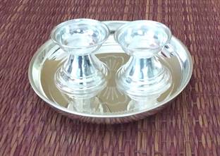 SujArta Diya Deepam Set & Thali , Premium 2 inch Neelajan & 5.5 inch Plate for Pooja, Silver Plated (Pack of 2) Table Diya Set