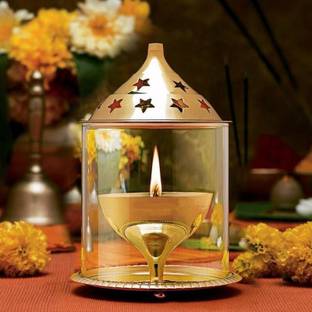 NAVYAKSH Small 4 Inch Akhand Diya Crystal Decorative Oil Lamp Deepak Brass Table Diya