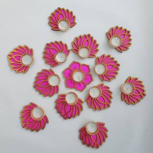 GIFT JAIPUR 13 Pink Diwali Decorative Lotus diyas Rangoli tealight candle holder Wood (Pack of 13) Table Diya Set