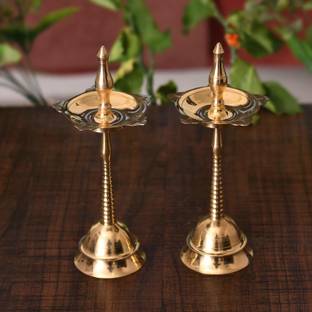 CraftVatika Brass Traditional Golden Kerala Diya/Oil Lamp Stand- Deepak for Temple (Set of 2) Brass (Pack of 2) Table Diya Set