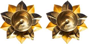 IAE Brass Diyas for Pooja Lotus Shape Kamal Patta Pital Diyas for Diwali Decoration Brass (Pack of 2) Table Diya Set