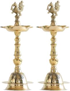IndianArtVilla Brass Stand Pillar Diya With Dana kashi Murga Design Total Height-10 Inches Brass (Pack of 2) Table Diya Set