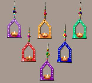 APS Art Plus Store Diwali Wall Decorative Wooden Diya Stand Wood (Pack of 6) Hanging Diya Set