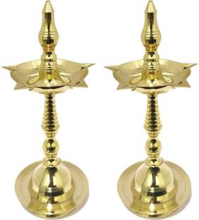 Puja N Pujari Kerala Long Brass Oil Lamp Pair for Pooja Temple Festive Gift Brass (Pack of 2) Table Diya Set