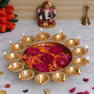 ARVALLEY 10" Diya Shape Flower Decorative Urli For Diwali Festive Decoration Iron Table Diya