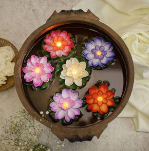Zenitrain Sensor Water Floating Diyas Smokeless Flameless Candles Lotus Flowers Plastic (Pack of 3) Table Diya