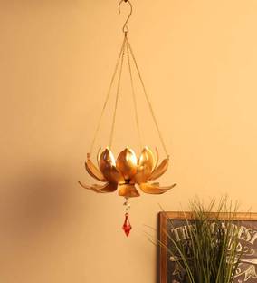 feya Golden Metal Table/Hanging Lotus Flower Candle Holder Tealight Candle Holder Brass, Glass Table Diya
