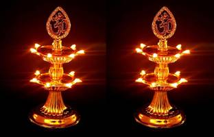 D.V TECH 2 Layer Electric Gold LED Bulb Light Diya for Pooja/Mandir Diwali Festival Decor Cast Iron (Pack of 2) Table Diya Set