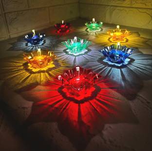 tedtech Water Sensor Reflection LED Diya, Diwali Diya, Multicolor, Warm yellow Lights Plastic (Pack of 8) Table Diya Set