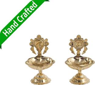 T-KA108 Brass oil lamp with Shanku-Chakra, reflecting Indian pooja heritage. Brass (Pack of 2) Table Diya Set