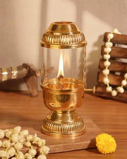 ALTINORA 7.5 inch 100 %Pure Brass Akhand Jyot Diya Brass, Borosilicate Glass Table Diya