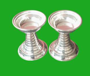 सूजअर्ता Diya / Deepam Set, Premium Tube Neelajan Set / Nilaanjan Set for Pooja, सिल्वर प्लेटेड (2 का पैक) टेबल दीया सेट