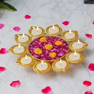 ALL.NATION.IMPEX Premium Diya Shape Gold Plated Decorative Urli Bowl with Wax Iron Table Diya Set