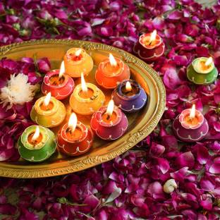 TIED RIBBONS Diwali Matki Wax Candle Clay Diya Lights for Home Decorations Pooja Room Diwali Terracotta (Pack of 10) Table Diya Set