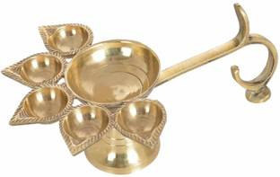 AANU Brass Panch Aarti Diya Oil Lamp / Panch aarti Jyoti Puja Diya for Diwali (Length 6 INCH) Golden Pack of 1 Brass Table Diya Brass Table Diya