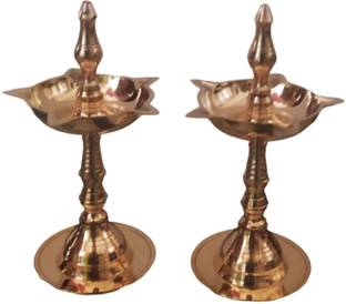 SujArta Nanda Deepa / Diya / Deepam Set, Premium Brass made SMALL 7 Inch Size Diya Brass (Pack of 2) Table Diya Set