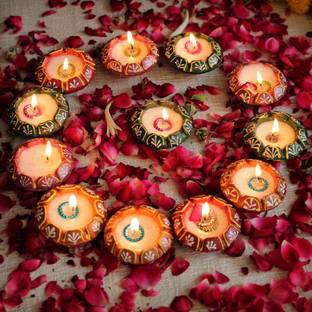 TIED RIBBONS Diwali Matki Wax Candle Clay Diya Lights for Diwali Home Pooja Room Decorations Terracotta (Pack of 12) Table Diya Set