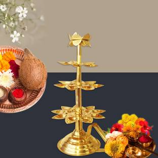 Shrinika Traditional Indian Brass Aarti Diya Stand Set with 21 Lamps Weight - 550 g Brass Table Diya