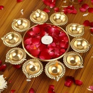 ZUNISHOP Urli Golden Shiny Finish 10 Diyas Decorative Iron Table Diya