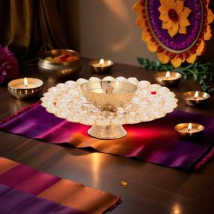 Collectible India Brass Akhand Diya Oil Lamp for Puja - Large Round Crystal Deepak for Home Office Pooja Articles Decor Brass Table Diya