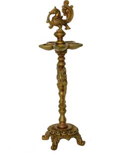 aakrati Brass Floor Oil Lamp with Bird Figure on Top with Carving Brass Table Diya