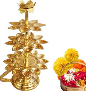 Shrinika Traditional Indian Brass Aarti Diya Stand Set with 28 Lamps Weight -700 g Brass Table Diya