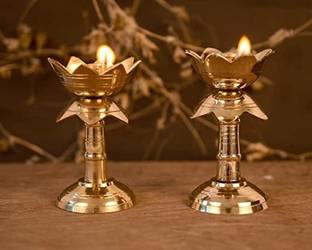 Divine Arts Kamal Diya Stand (pack of 8)(size 5x3 Inches) Brass (Pack of 8) Table Diya Set