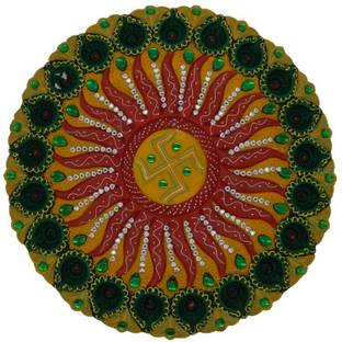 Sattvapuja Wellness Pvt Ltd Traditional Decorative Rangoli diya Plate with Swastik Design Pottery Table Diya