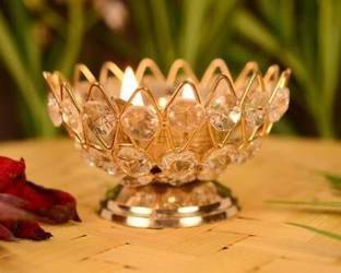 Handicraft Hub Brass Medium Bowl Crystal Akhand Diya for Pooja Oil Lamp Kamal Lotus Shape Table Diya Brass, Crystal Table Diya  (Height: 2.2 inch) Brass Table Diya