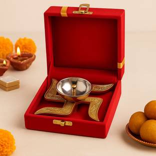 ELVO LUXE Swastik Diya Religious Antique with Velvet Box for Pooja Decorative Lantern Diya Brass Table Diya