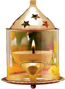 ANI DIVINE Brass Akhand Diya Large with Glass Cover Festival Set for Diwali Pooja Brass Table Diya
