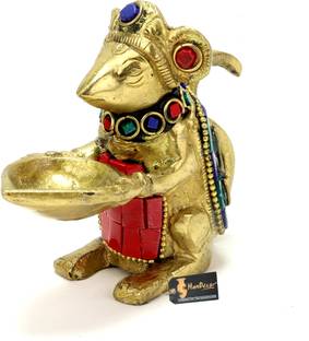 Two Moustaches Two Moustaches Gemstone Work Brass Ganesha Mouse Holding Oil Lamp Diya Brass Table Diya