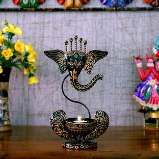 Medieval Arts Metal Handpainted Ganesh T-Light Candle Holder in Black Color Iron Table Diya