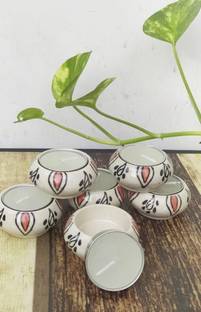 AAV WORLD RED ART FLORAL CERAMIC DIYA (6 DIYAS SET) Ceramic (Pack of 6) Table Diya Set