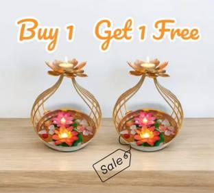 A S CRAFTS HUB Tealight Lotus Bowl Urli with Flowers Attach Candle Holder Iron (Pack of 2) Table Diya