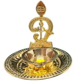 Kalais Om Vilakku With Plate Diya Brass Oil Lamp for Pooja,Handcrafted Spiritual Gift Brass Table Diya Set