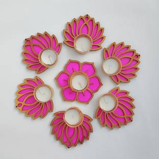 GIFT JAIPUR 7 Pink Diwali Decorative Lotus diyas Rangoli tealight candle holder Wood (Pack of 7) Table Diya Set