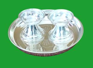 SujArta Diya Set, 2 inch 2 Diyas / 2 Deepams & 5.5 Inch thali, Premium Pooja Aarti Silver Plated Table Diya Set