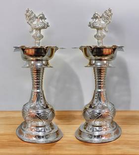 Sigaram 11 Inch Diya Made By Pure German Silver For Home Pooja Decore K4414 Silver (Pack of 2) Table Diya