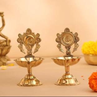 Flickkerbox Brass Shanku Chakra Kuber Diya, Deepam for Home Pooja Decor Brass Table Diya Set