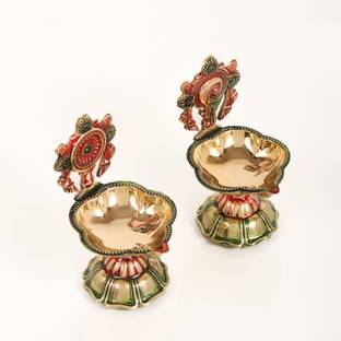 DANIYAL HANDICRAFTS MULTICOLOURED SHANKU AND CHAKR DIYA WITH FLORAL STAND Brass (Pack of 2) Table Diya Set