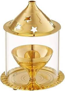 sanaavay Brass Akhand Diya with Borosilicate Glass Brass Table Diya Set Candle
