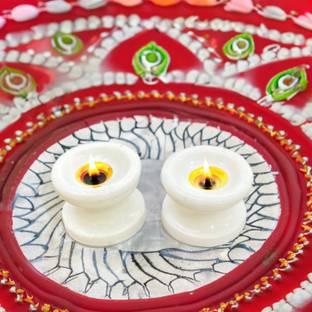 TIARAOVERSEAS Tiara Overseas Handcrafted White Marble Diya|Oil Lamp for Diwali Pooja Marble (Pack of 2) Table Diya Set