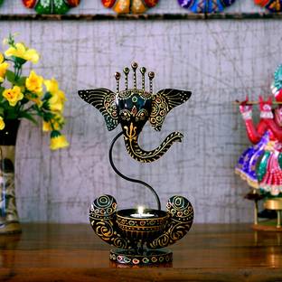 Medieval Arts Medieval Arts Metal Handpainted Ganesh T-Light Candle Holder in Black Color Iron Table Diya