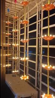 MG TRADING 5 Step Hanging Diya Warm White Steady LED Diya Diwali Lights Gold Plated Hanging Diya Set
