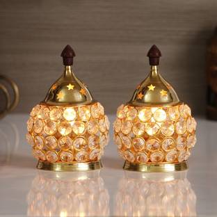 eCraftIndia Set of 2 Crystal and Brass Akhand Diya Crystal (Pack of 2) Table Diya Set