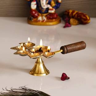 DARIDRA BHANJAN wooden hendle panchmukhi diya ,panch aarti diya,pancharti diya,aarti diya Brass Table Diya