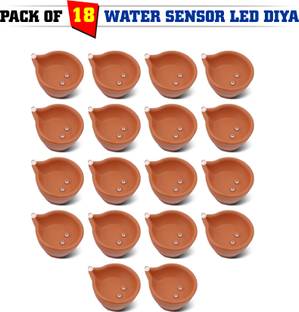SLYKA Water Sensor Brown Real Diya, Lighten Up When Fill with Water Plastic (Pack of 18) Table Diya Set