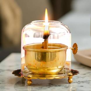 A & S VENTURES Akhand Diya for Puja and Adjustment Screw WIth Cover high quality Brass Borosilicate Glass Table Diya