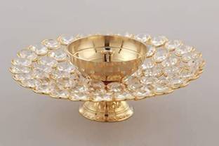 T-KA108 Brass Crystal Round Diya Crystal Oil Lamp For Puja Home Decorative Diya Brass Table Diya